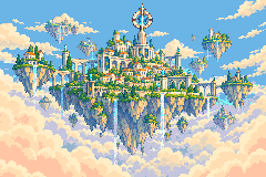 Pixel artwork of Aster, a floating fantasy city with golden towers and waterfalls above the clouds